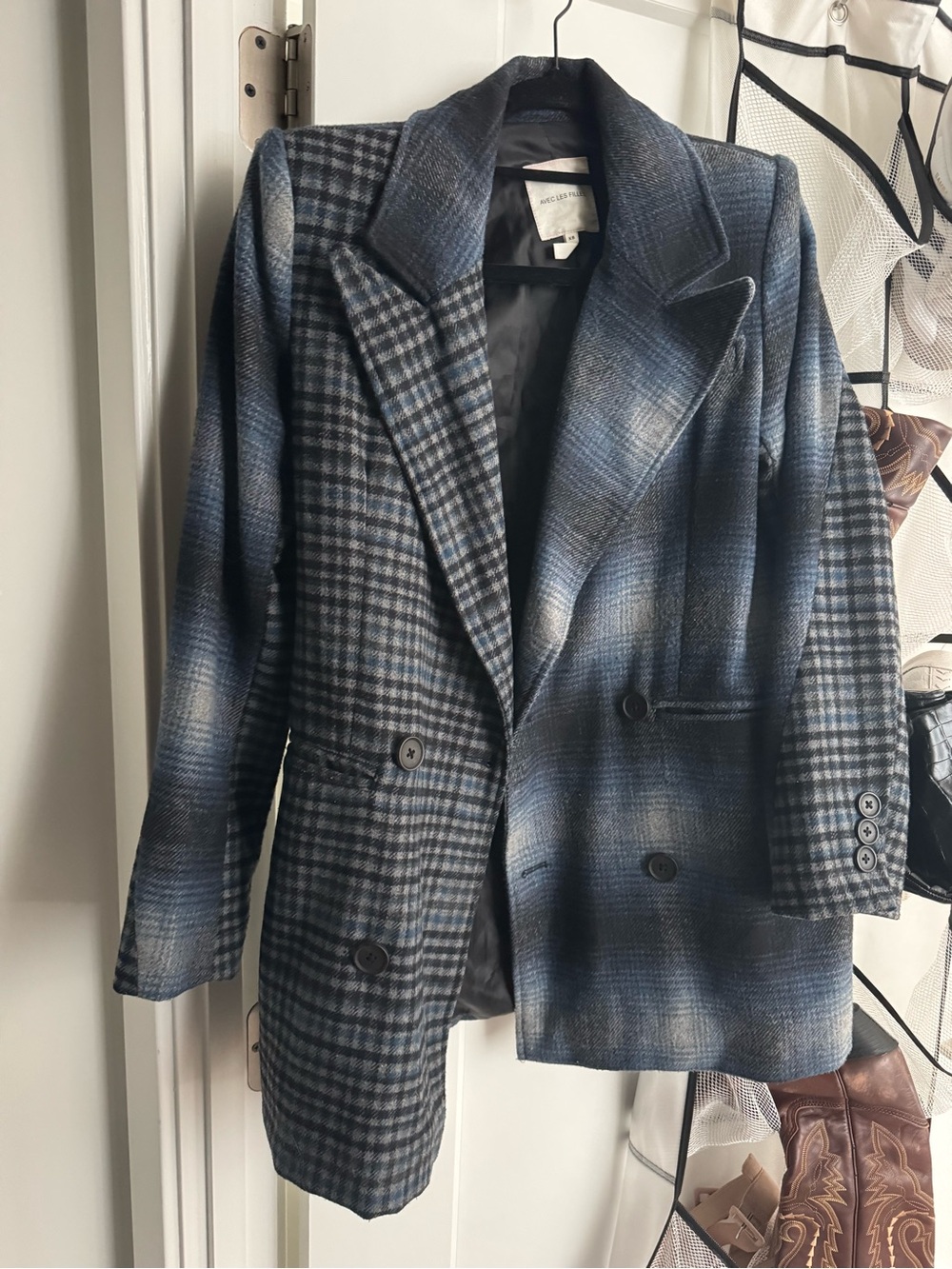 Avec Les Filles Blue Plaid Blazer Jacket